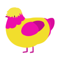 A yellow and fuchsia chicken with a head pattern