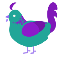 A turquoise and violet chicken with a neck-speckle pattern
