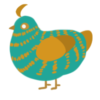 A turquoise and ochre chicken with a bar pattern