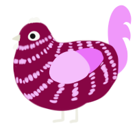 A maroon and lavender chicken with a bar pattern