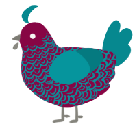 A maroon and teal chicken with a double-lace pattern