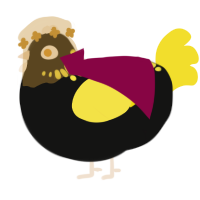 The Heirophant, a black and yellow chicken with a neck-speckle pattern