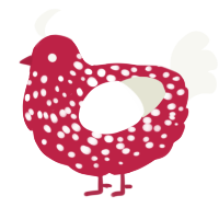 Shroom, a crimson and white chicken with a speckle pattern