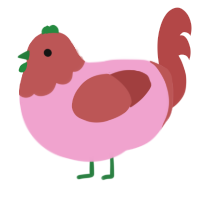 Flora, a pink and red chicken with a head pattern