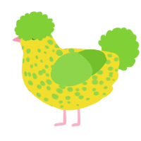 Pom Pom, a yellow and grass chicken with a speckle pattern