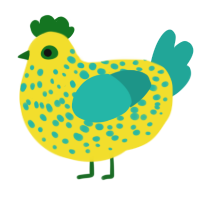SpongeBob, a yellow and turquoise chicken with a speckle pattern