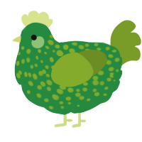 A viridian and chartreuse chicken with a speckle pattern