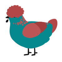 A teal and red chicken with a neck-speckle pattern