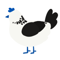 A white and sable chicken with a neck-speckle pattern