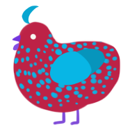 A crimson and cerulean chicken with a speckle pattern