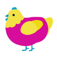 A fuchsia and yellow chicken with a head pattern