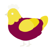 Squeak, a maroon and yellow chicken with a head pattern