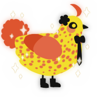 A yellow and vermilion chicken with a speckle pattern