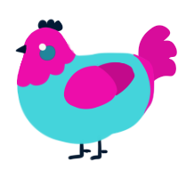 Vibes, a aqua and fuchsia chicken with a head pattern