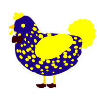 A navy and chartreuse chicken with a speckle pattern