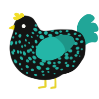 A black and turquoise chicken with a speckle pattern