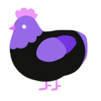 A black and blurple chicken with a head pattern