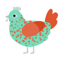 A mint and vermilion chicken with a speckle pattern