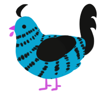 Freak, a cerulean and black chicken with a bar pattern