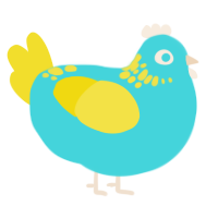 Bright, a aqua and yellow chicken with a neck-speckle pattern