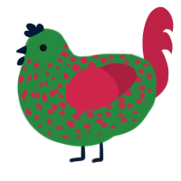 Fuut, a viridian and crimson chicken with a speckle pattern