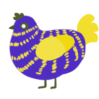 Walk in the Woods, a indigo and yellow chicken with a bar pattern