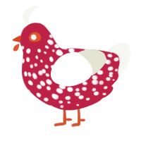 A crimson and white chicken with a speckle pattern