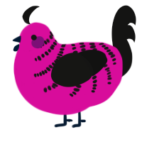 Party Animal, a fuchsia and black chicken with a half-bar pattern