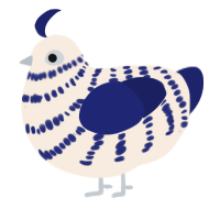 A cream and navy chicken with a bar pattern