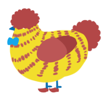 Clucky the Clown, a yellow and red chicken with a bar pattern