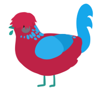 Blopple, a crimson and sky chicken with a neck-speckle pattern