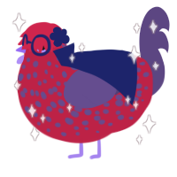 A crimson and overcast chicken with a speckle pattern