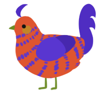 Blocktoy, a vermilion and indigo chicken with a bar pattern