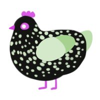 spook, a black and gluppy chicken with a speckle pattern