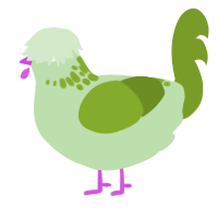 A gluppy and chartreuse chicken with a neck-speckle pattern