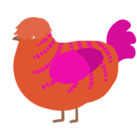 A vermilion and fuchsia chicken with a half-bar pattern