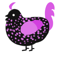 A black and orchid chicken with a speckle pattern