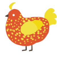 A vermilion and yellow chicken with a speckle pattern