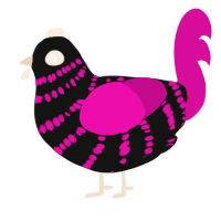 Techno, a black and fuchsia chicken with a bar pattern