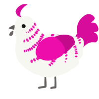 A white and fuchsia chicken with a half-bar pattern