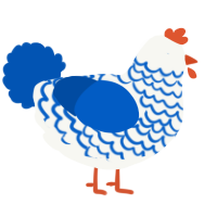 A white and ultramarine chicken with a lace pattern