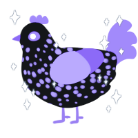Kneth, a black and blurple chicken with a speckle pattern