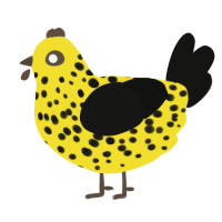A yellow and black chicken with a speckle pattern