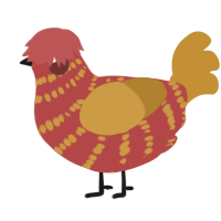 A red and gold chicken with a bar pattern