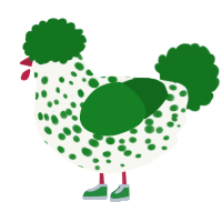 A white and leaf chicken with a speckle pattern