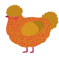 A vermilion and ochre chicken with a double-lace pattern