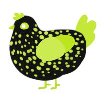 A black and lime chicken with a speckle pattern