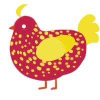 A crimson and yellow chicken with a speckle pattern
