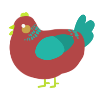 A red and turquoise chicken with a neck-band pattern