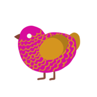 A fuchsia and ochre chicken with a lace pattern